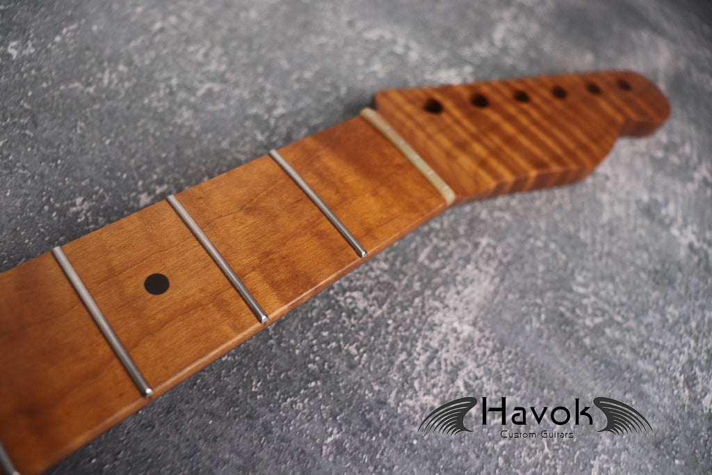 T Type Spoke Wheel Roasted Flame Maple Neck, Stainless Steel Frets, Satin TL Neck, Medium Jumbo Jescar Frets, 22 Frets, Electric Guitar Neck
