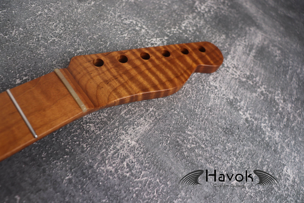 T Type Spoke Wheel Roasted Flame Maple Neck, Stainless Steel Frets, Satin TL Neck, Medium Jumbo Jescar Frets, 22 Frets, Electric Guitar Neck