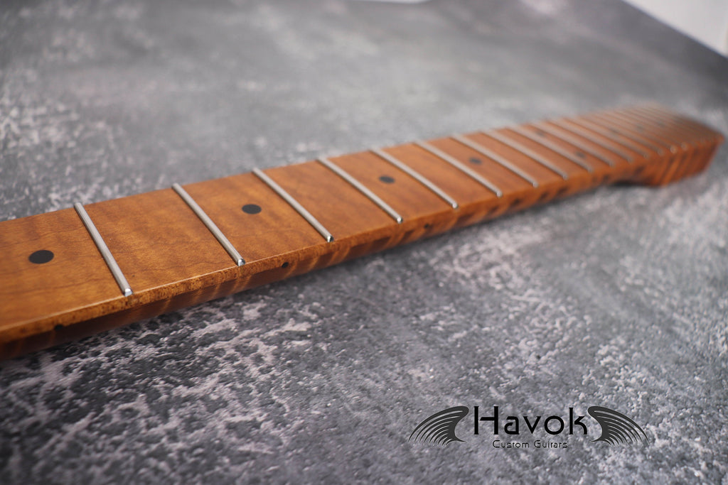 S type Spoke Wheel Roasted Flame Maple Neck, Stainless Steel Frets, Satin ST S-Type Neck, 22 Medium Jumbo Jescar, Guitar Replacement Vintage