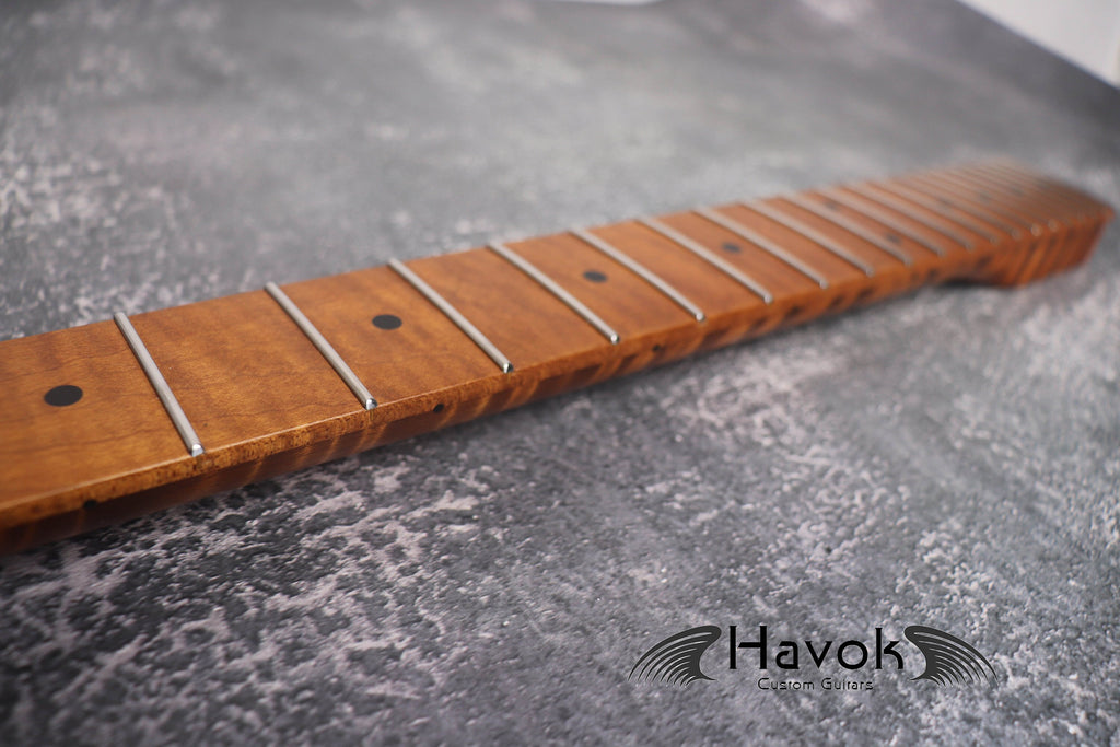 S type Spoke Wheel Roasted Flame Maple Neck, Stainless Steel Frets, Satin ST S-Type Neck, 22 Medium Jumbo Jescar, Guitar Neck