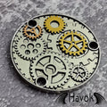 A vintage style metal neck plate for electric guitars with cogwheel design. The diameter is 54mm and the thickness is 3mm.