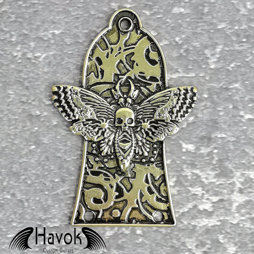 Gothic Skeleton Moth Truss Rod Cover Plate, Gold Guitar Accessory