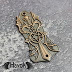 A vintage style metal truss rod plate for electric guitars. It comes in unique design of pentagram and two dragons. The color is brass.