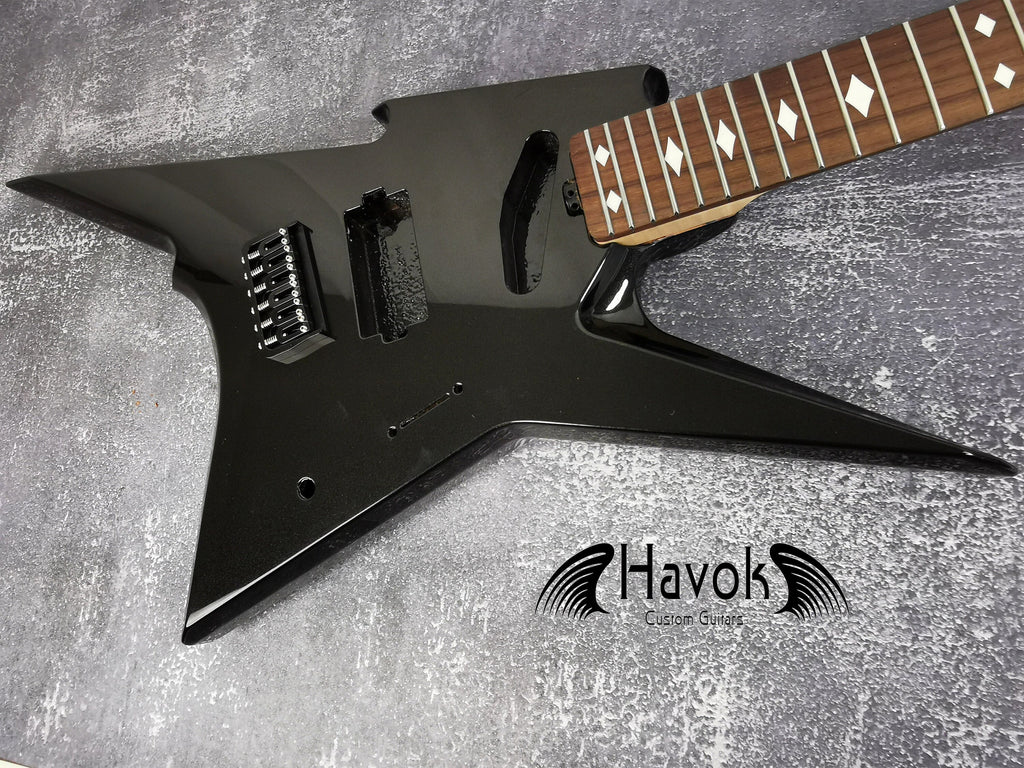 HAVOK Parabellum Guitar Kit, Stainless Steel Frets Flame Maple Neck, Spoke Wheel, Mahogany Body, Guitar Building DIY Metallic Black