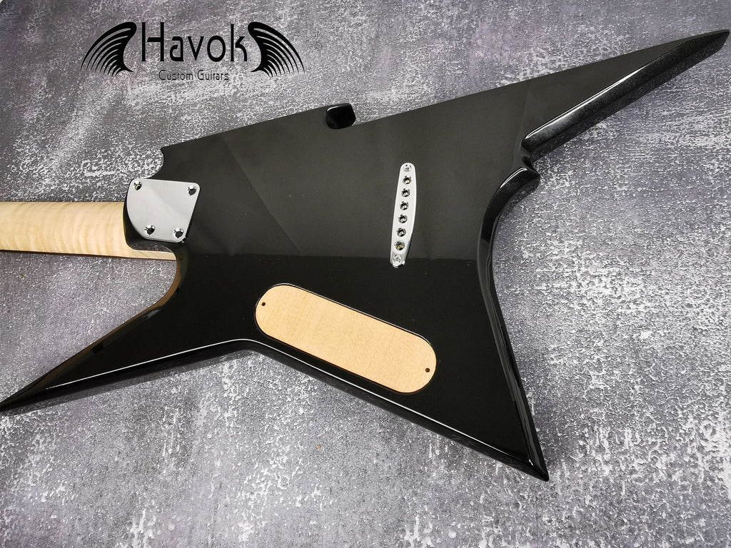 HAVOK Parabellum Guitar Kit, Stainless Steel Frets Flame Maple Neck, Spoke Wheel, Mahogany Body, Guitar Building DIY Metallic Black