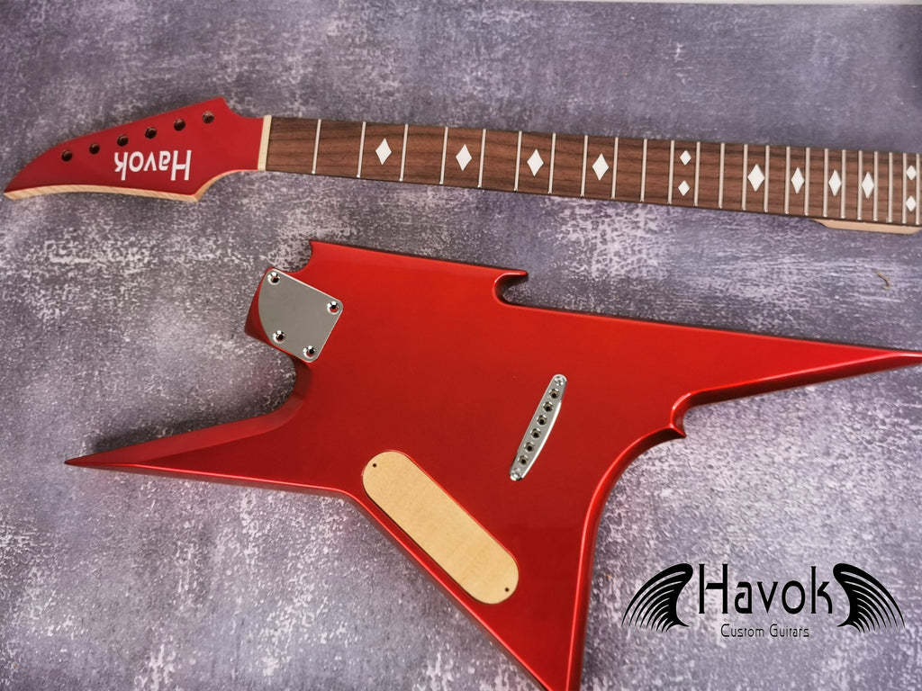 HAVOK Parabellum Guitar Kit, Stainless Steel Frets Flame Maple Neck Spoke Wheel, Mahogany Body, Guitar Building DIY Metallic Candy Apple Red