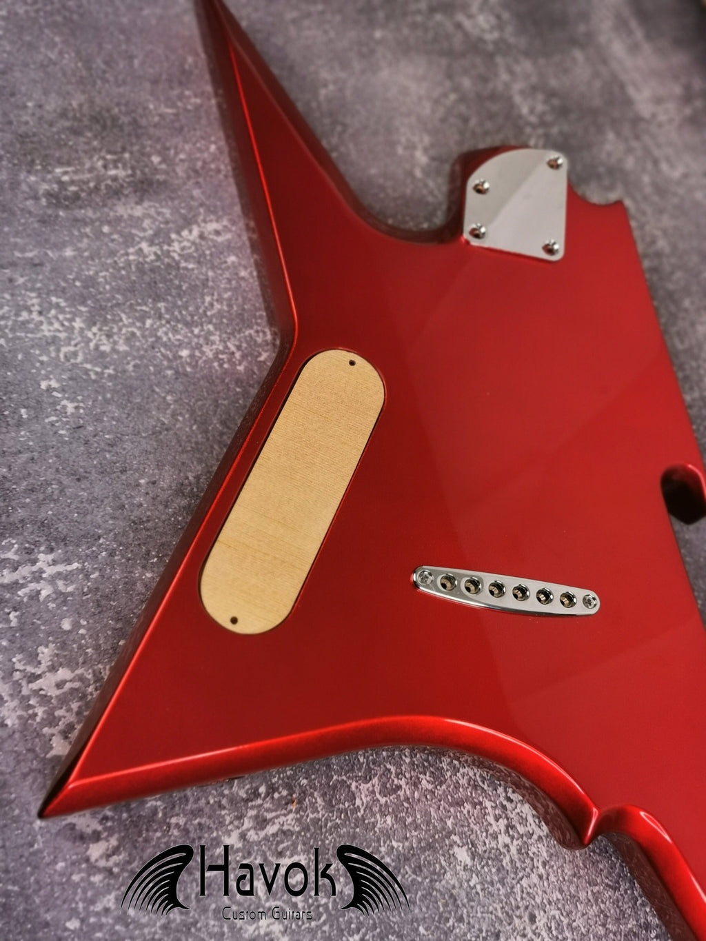 HAVOK Parabellum Guitar Kit, Stainless Steel Frets Flame Maple Neck Spoke Wheel, Mahogany Body, Guitar Building DIY Metallic Candy Apple Red