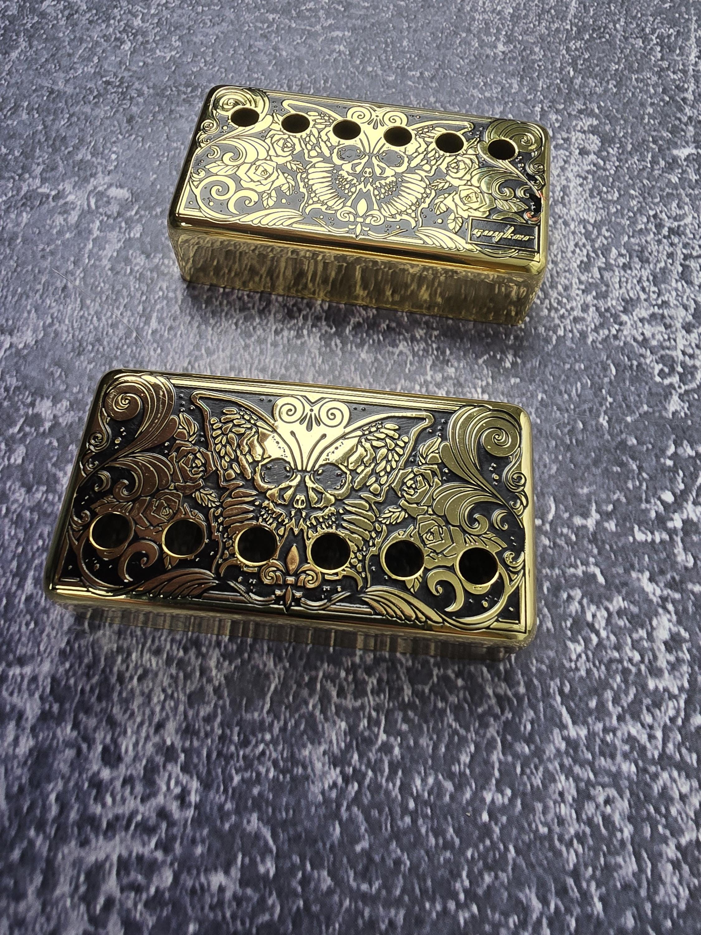 Skull Moth Gold Humbucker Shield, Guitar Pickup Covers Gear Pattern for LP, High End Accessory and Replacement