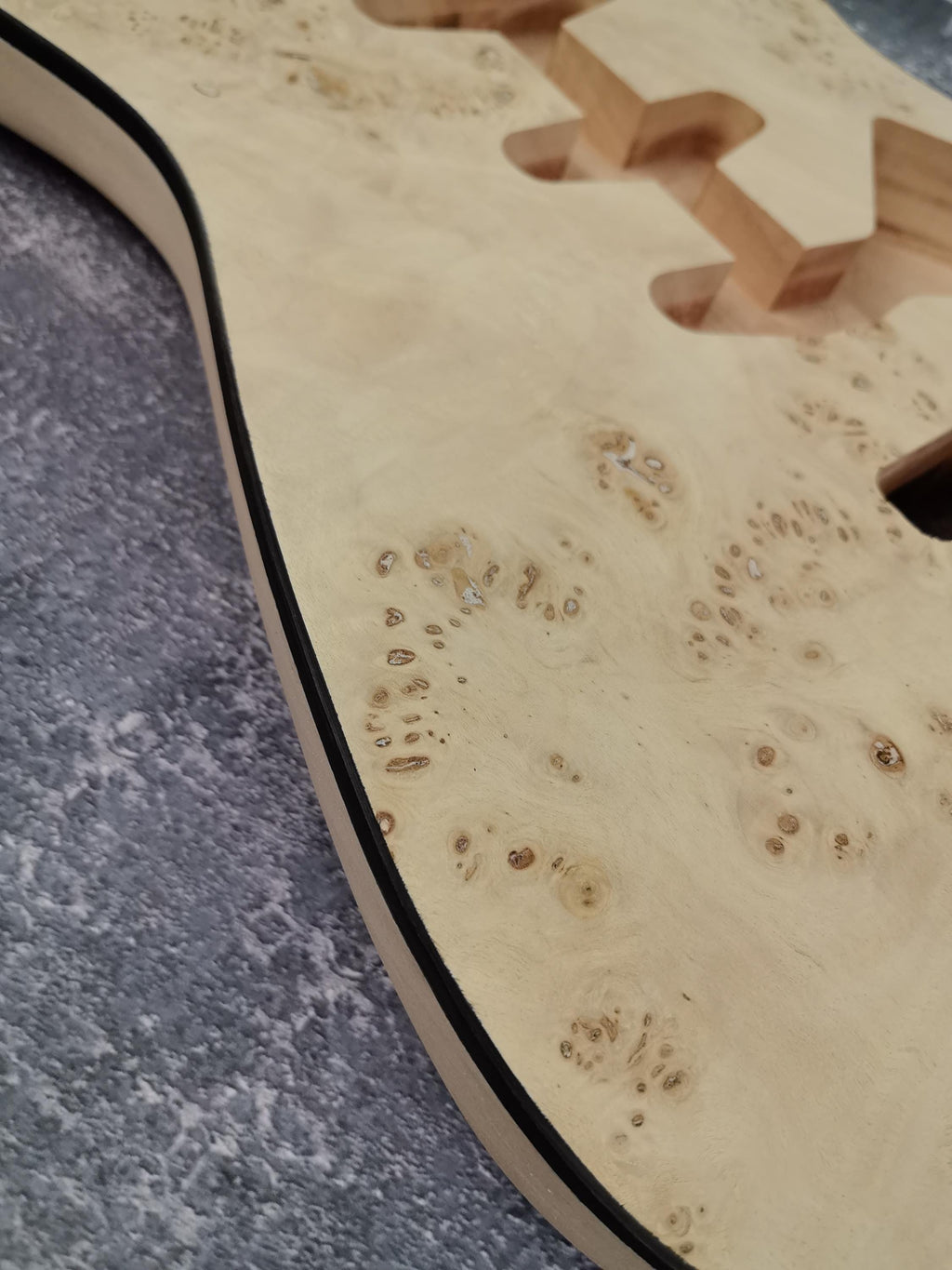 Mahogany Burl Top Veneer Black Binding S-Type Guitar Body, Unfinished
