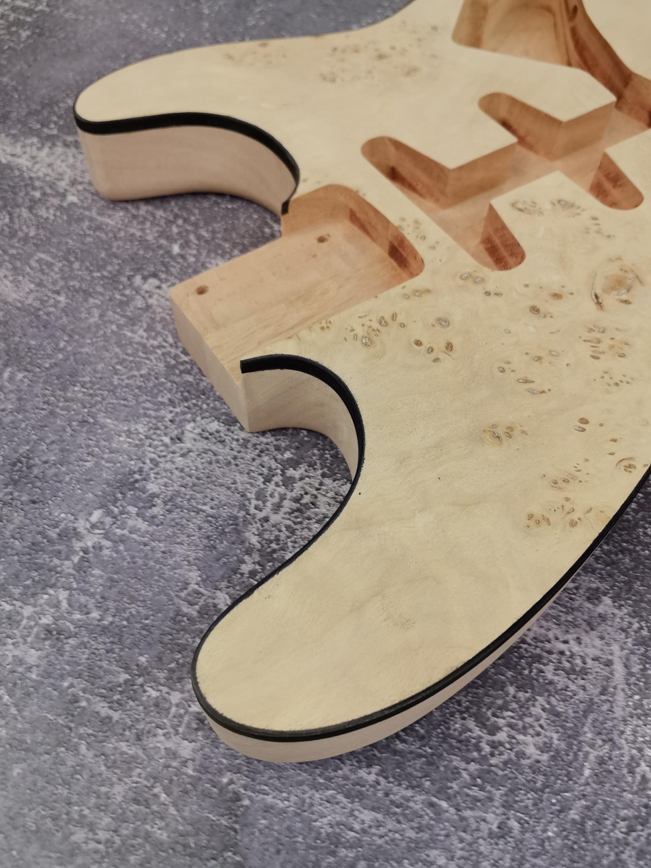 Mahogany Burl Top Veneer Black Binding S-Type Guitar Body, Unfinished