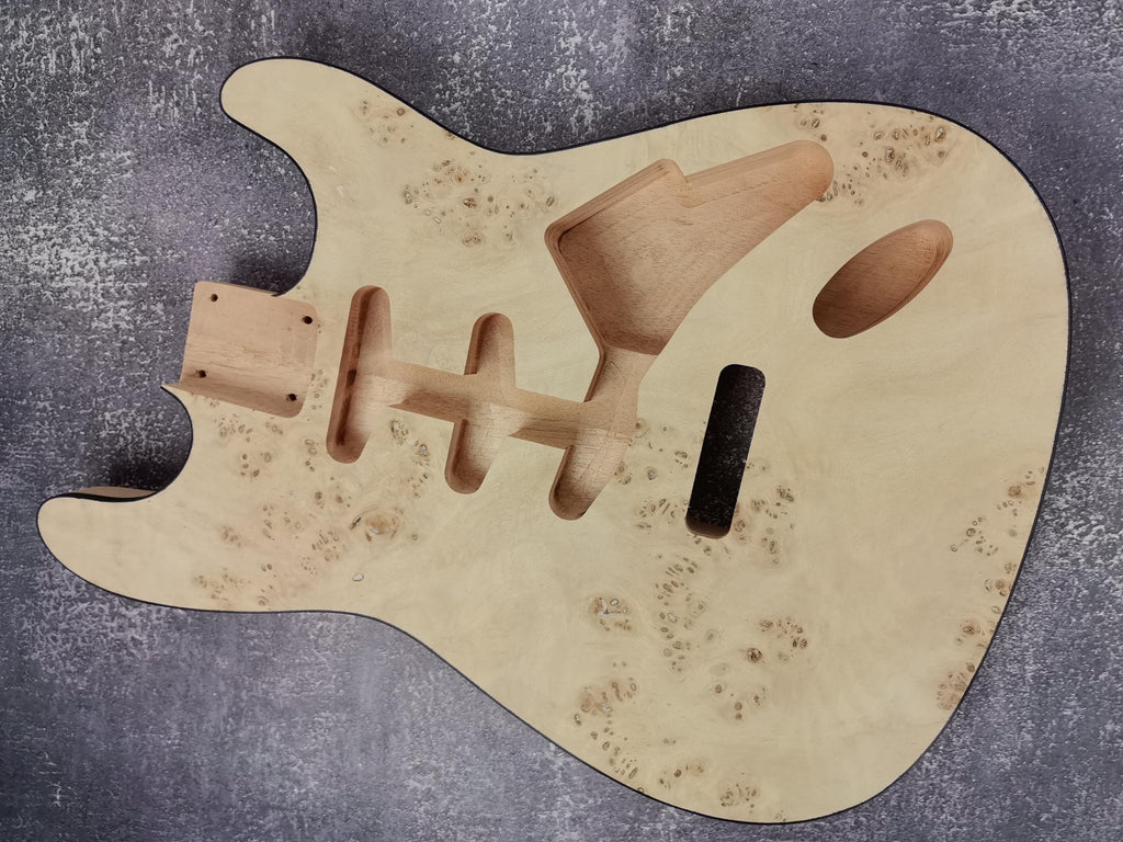 Mahogany Burl Top Veneer Black Binding S-Type Guitar Body, Unfinished