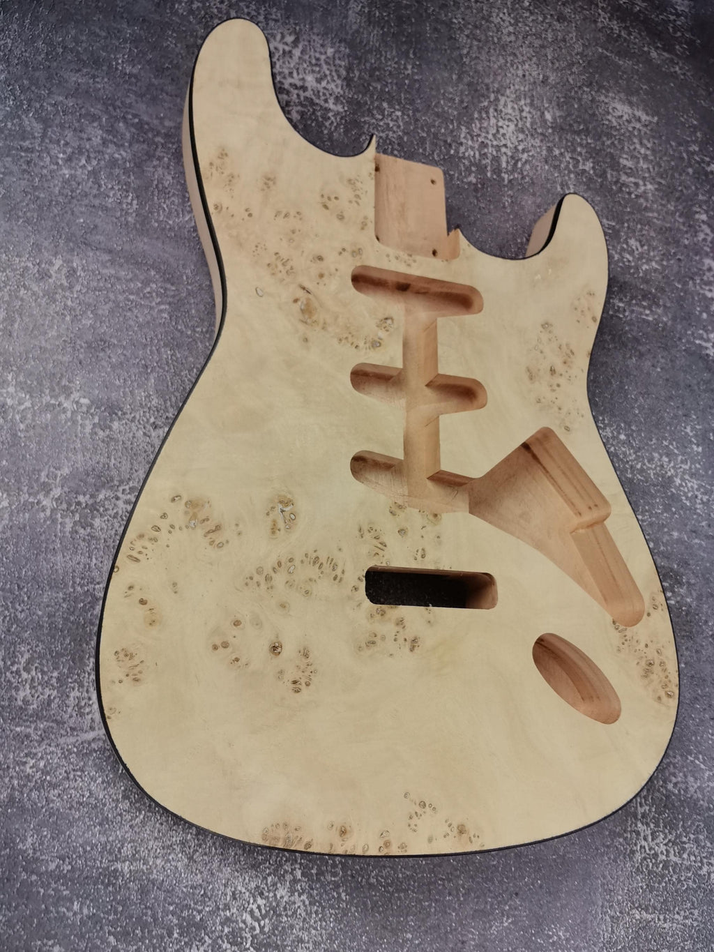 Mahogany Burl Top Veneer Black Binding S-Type Guitar Body, Unfinished