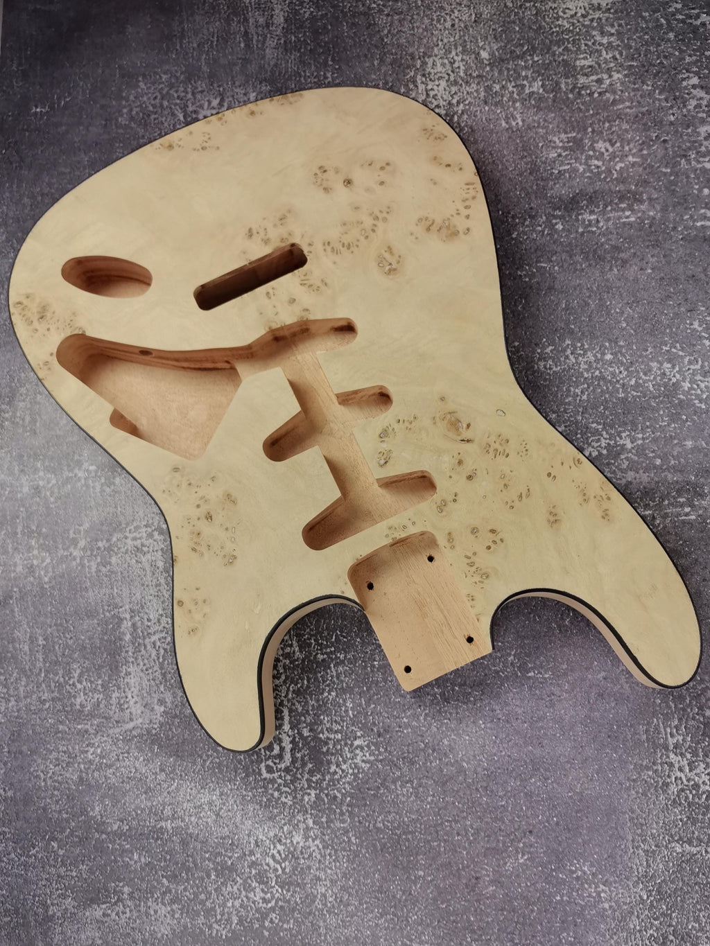 Mahogany Burl Top Veneer Black Binding S-Type Guitar Body, Unfinished