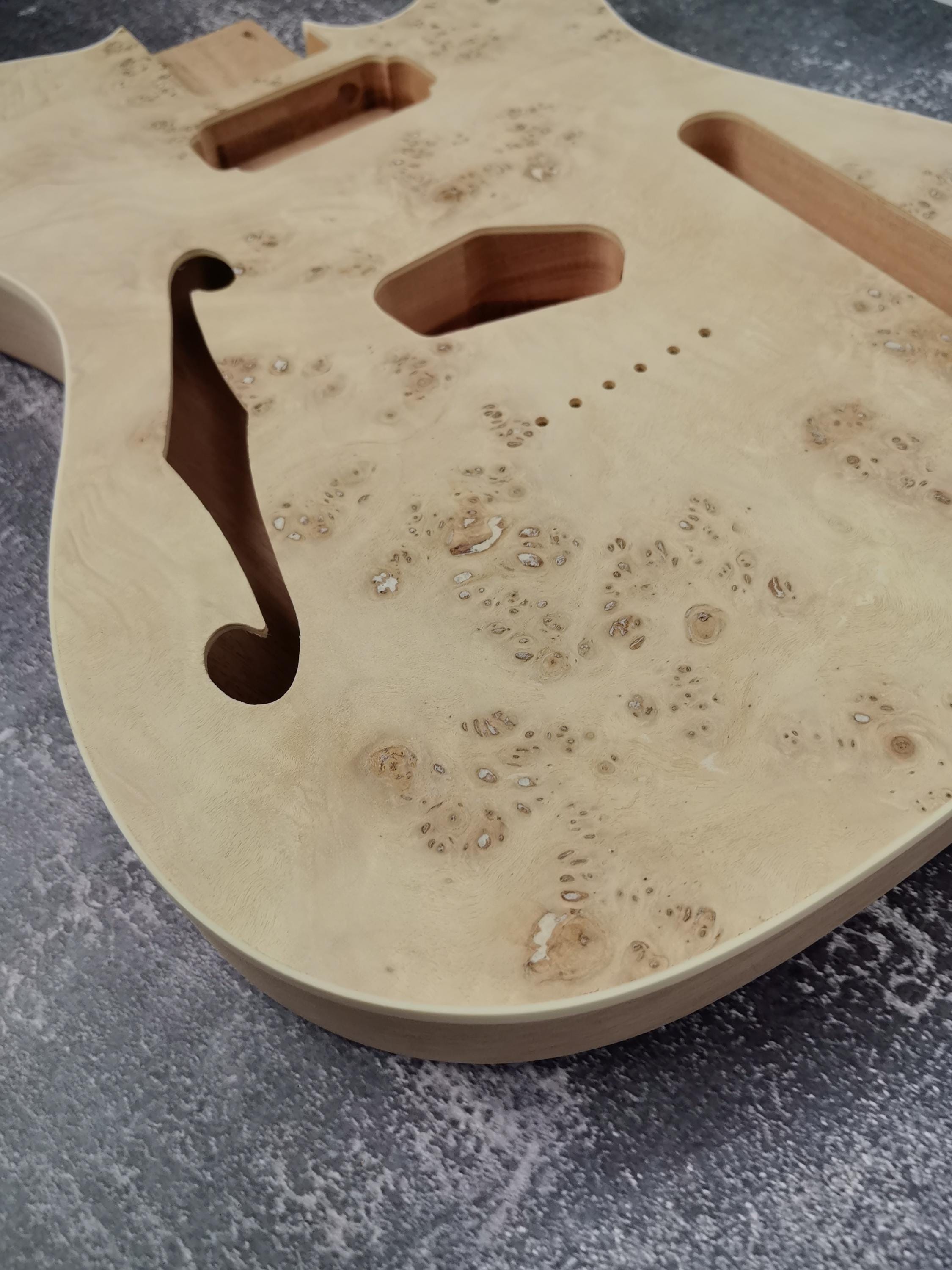 Mahogany Burl Top Veneer Black Binding F hole t-Type Guitar Body, Unfinished