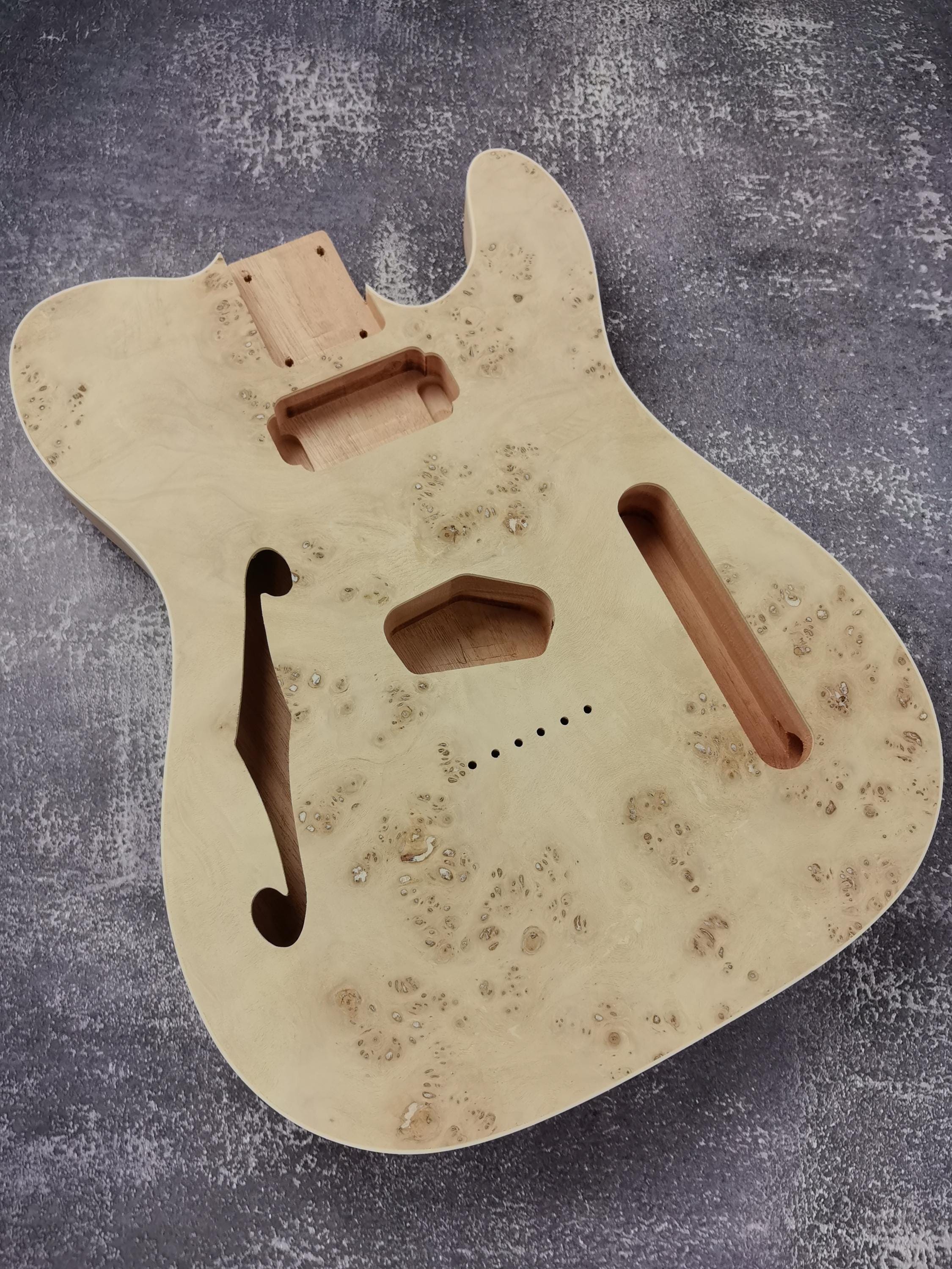 Mahogany Burl Top Veneer Black Binding F hole t-Type Guitar Body, Unfinished