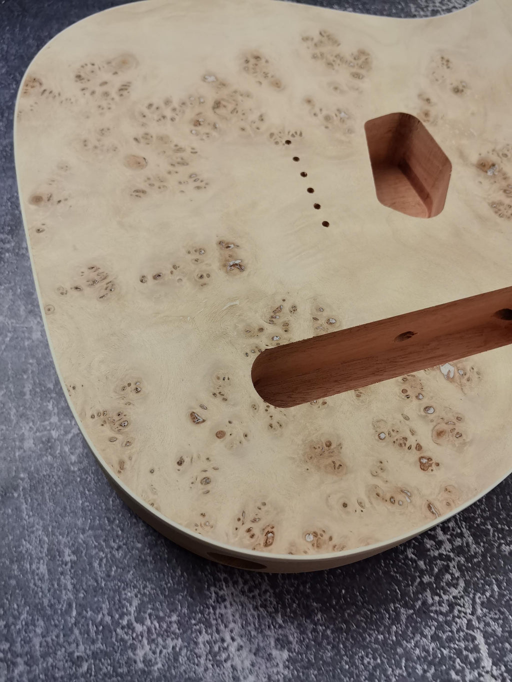 Mahogany Burl Top Veneer Black Binding T-Type Guitar Body, Unfinished