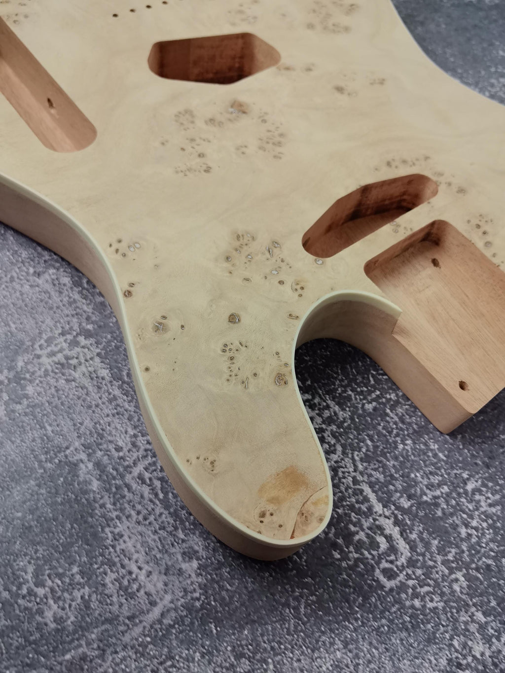 Mahogany Burl Top Veneer Black Binding T-Type Guitar Body, Unfinished