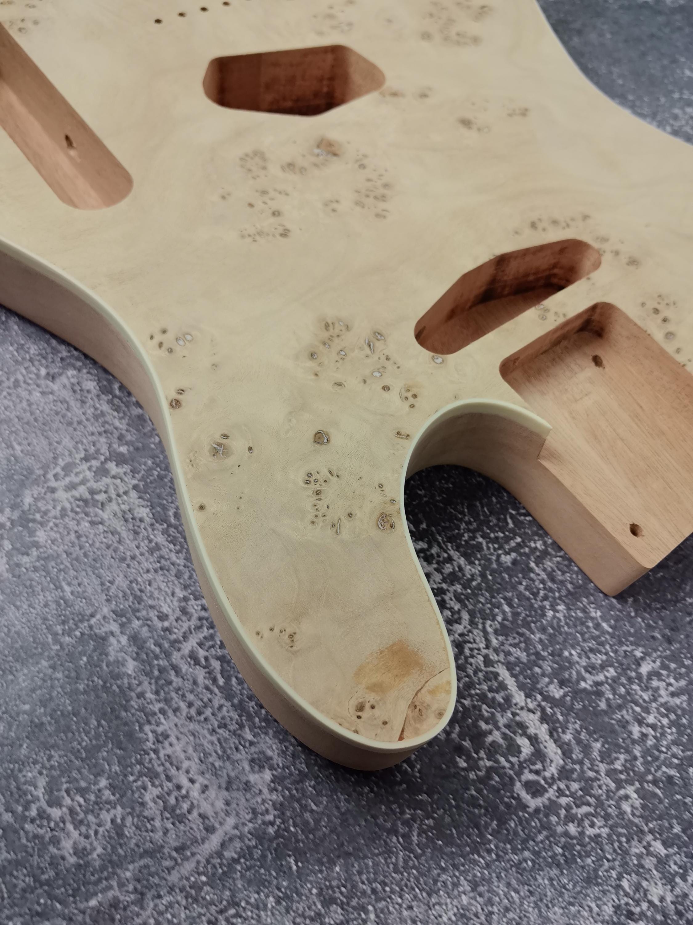 Mahogany Burl Top Veneer Black Binding T-Type Guitar Body, Unfinished