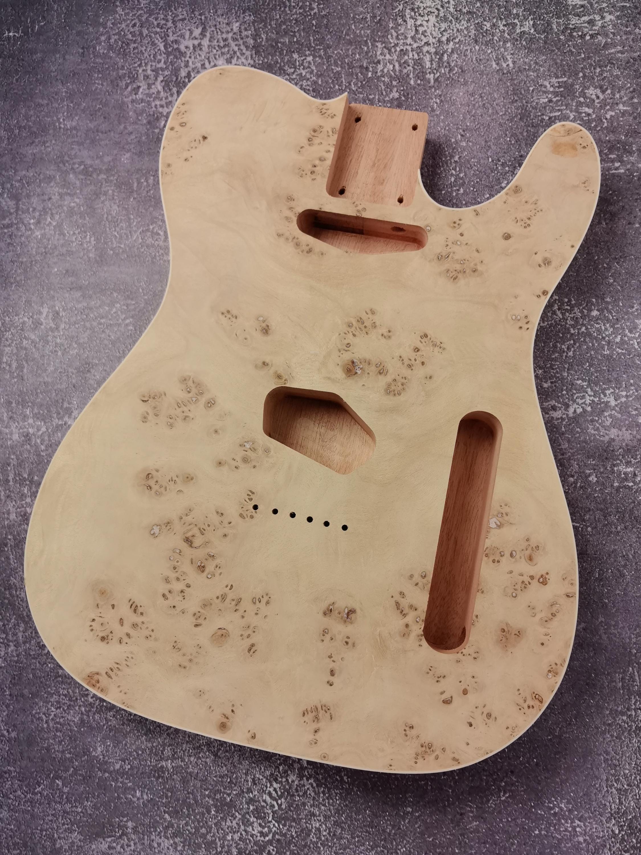 Mahogany Burl Top Veneer Black Binding  T-Type Guitar Body, Unfinished