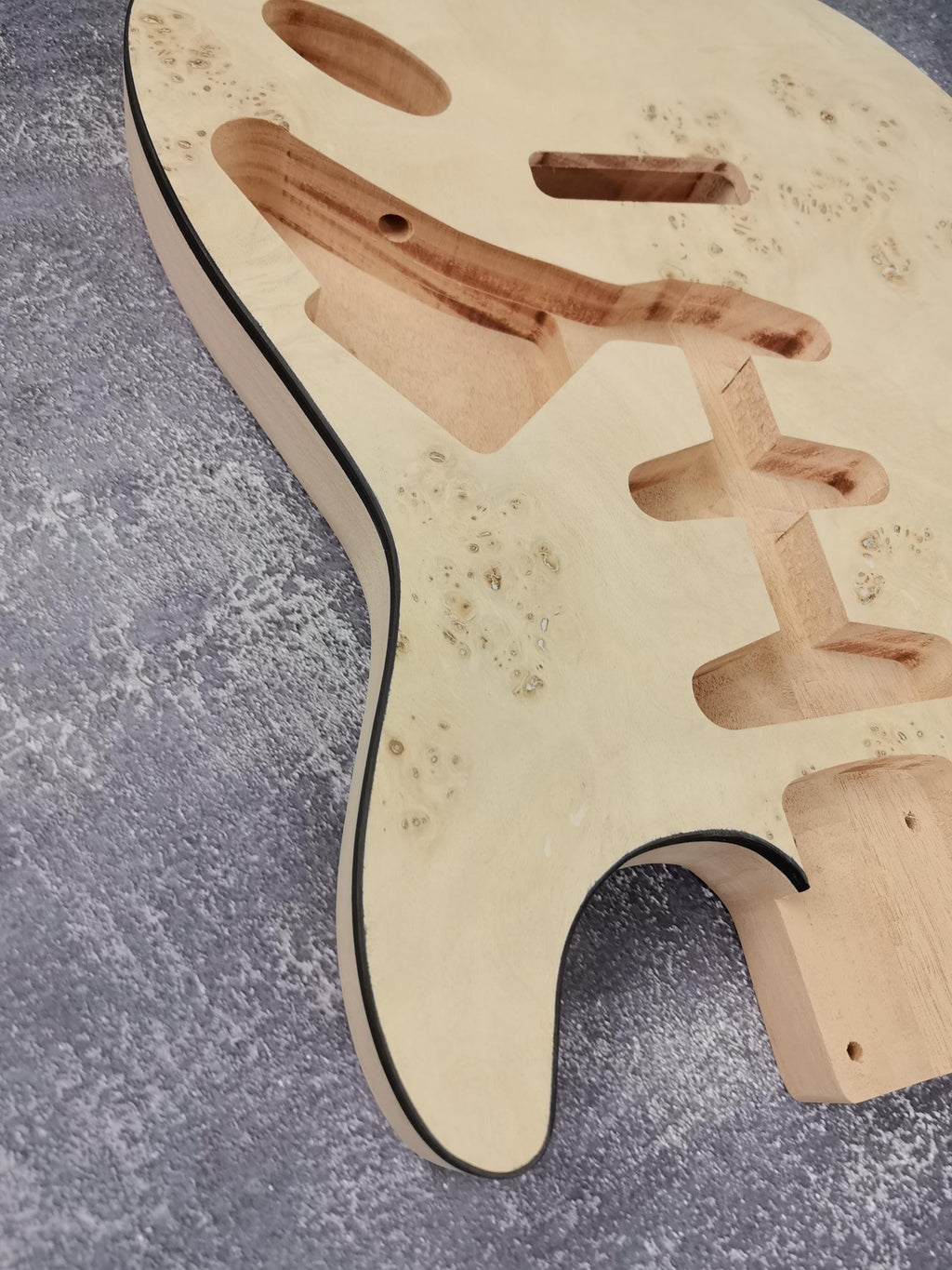 Mahogany Burl Top Veneer Black Binding S-Type Guitar Body, Unfinished