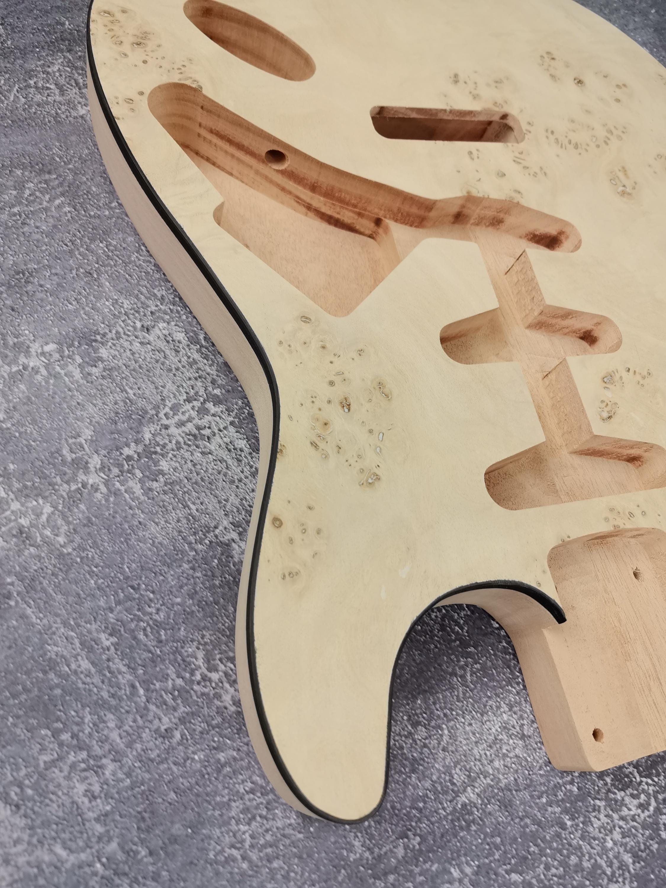Mahogany Burl Top Veneer Black Binding S-Type Guitar Body, Unfinished
