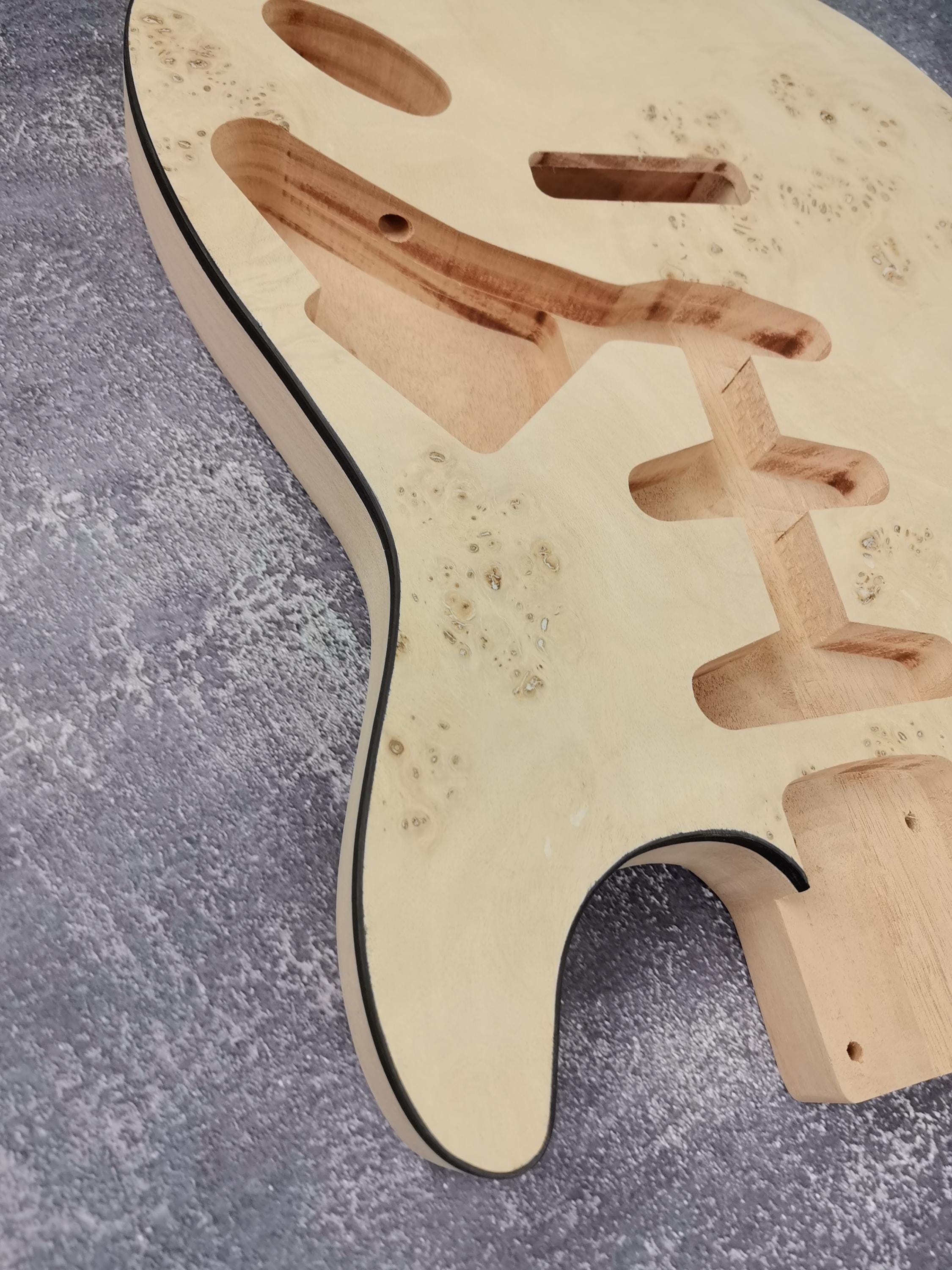Mahogany Burl Top Veneer Black Binding S-Type Guitar Body, Unfinished