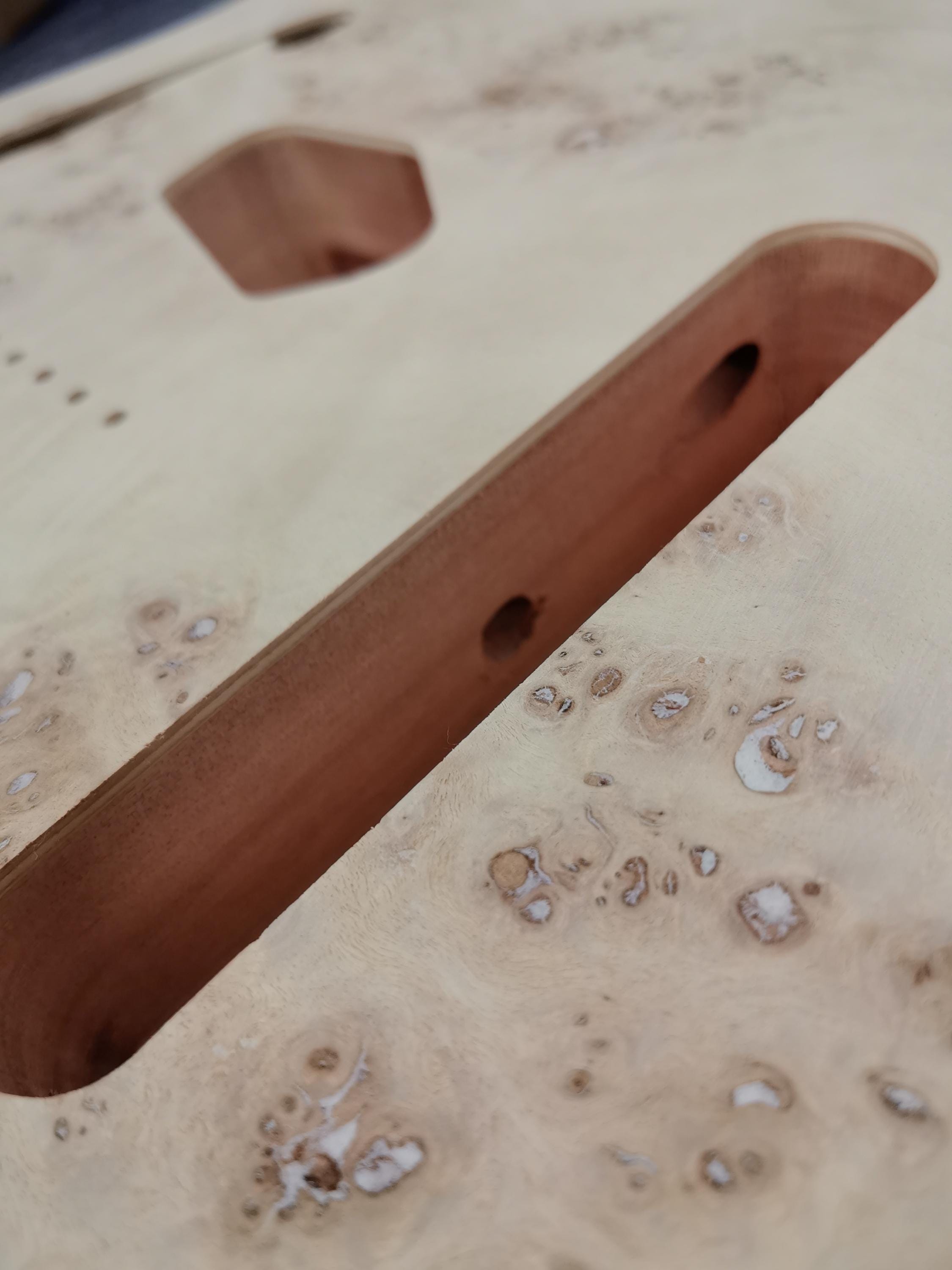 Mahogany Burl Top Veneer Black Binding F hole t-Type Guitar Body, Unfinished