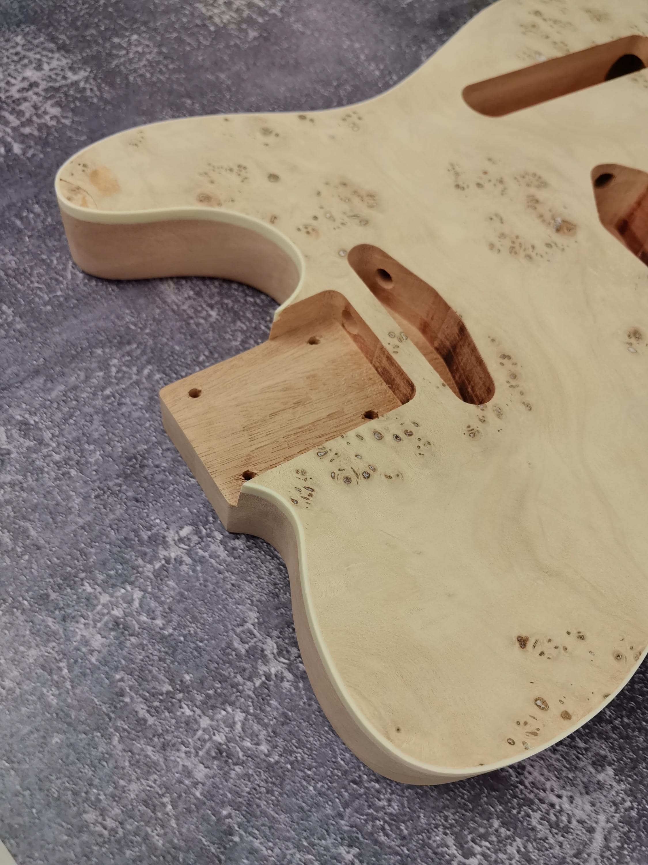 Mahogany Burl Top Veneer Black Binding T-Type Guitar Body, Unfinished