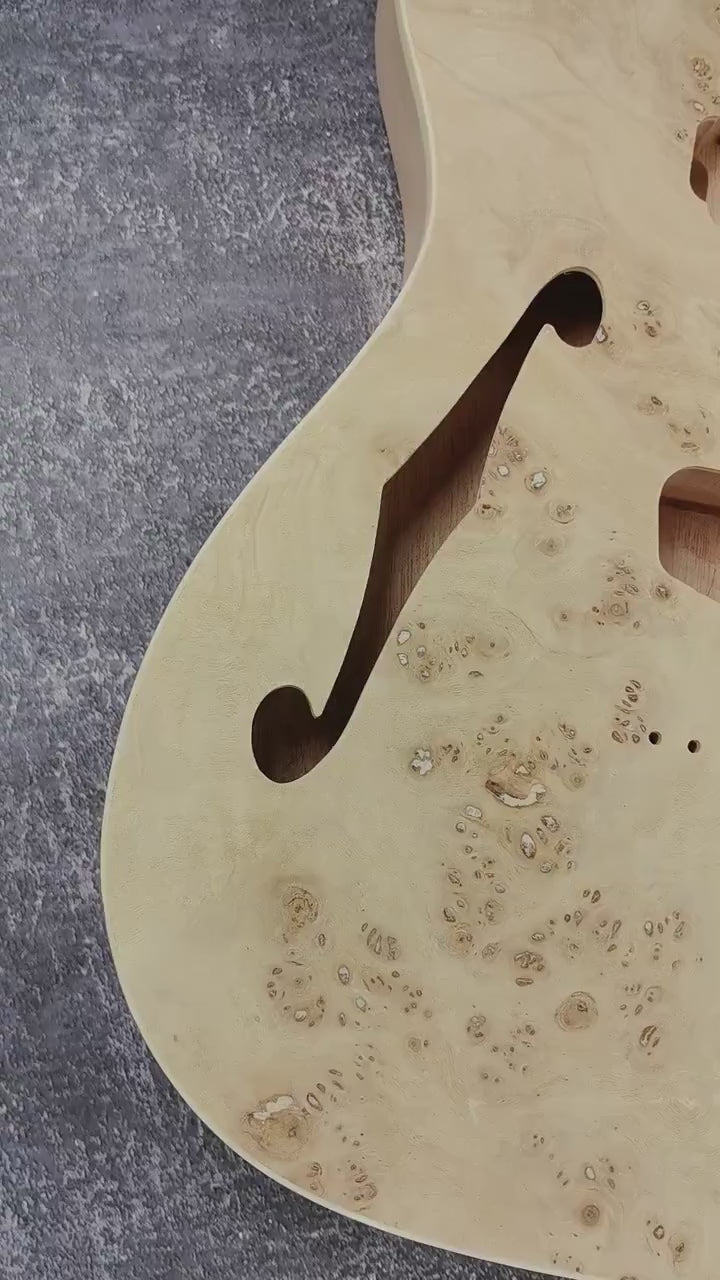 Mahogany Burl Top Veneer Black Binding F hole t-Type Guitar Body, Unfinished